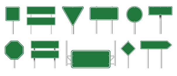 Different green blank road signs on white background, collage design