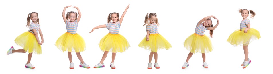 Image of Cute little girl in tutu skirt dancing on white background, set of photos