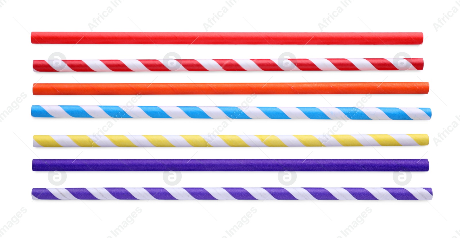 Photo of Many different paper cocktail straws on white background