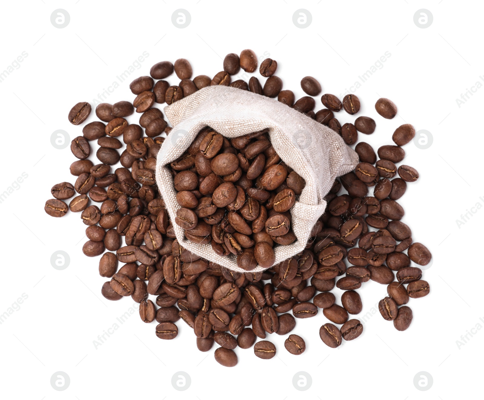 Photo of Sack and roasted coffee beans on white background, top view