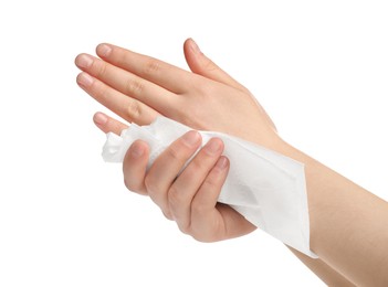 Photo of Woman wiping hands with paper towel on white background, closeup