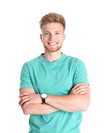 Photo of Portrait of handsome young man on white background