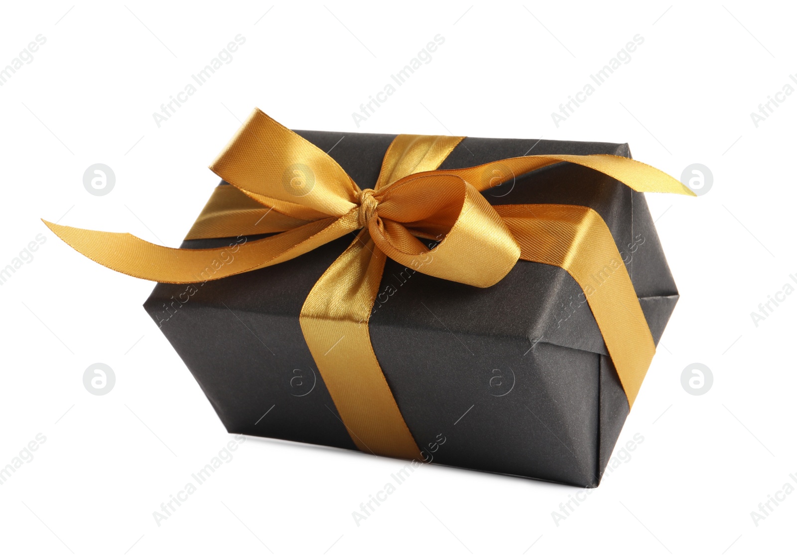 Photo of Beautiful gift box with golden ribbon and bow on white background