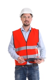 Photo of Male industrial engineer in uniform with clipboard on white background. Safety equipment