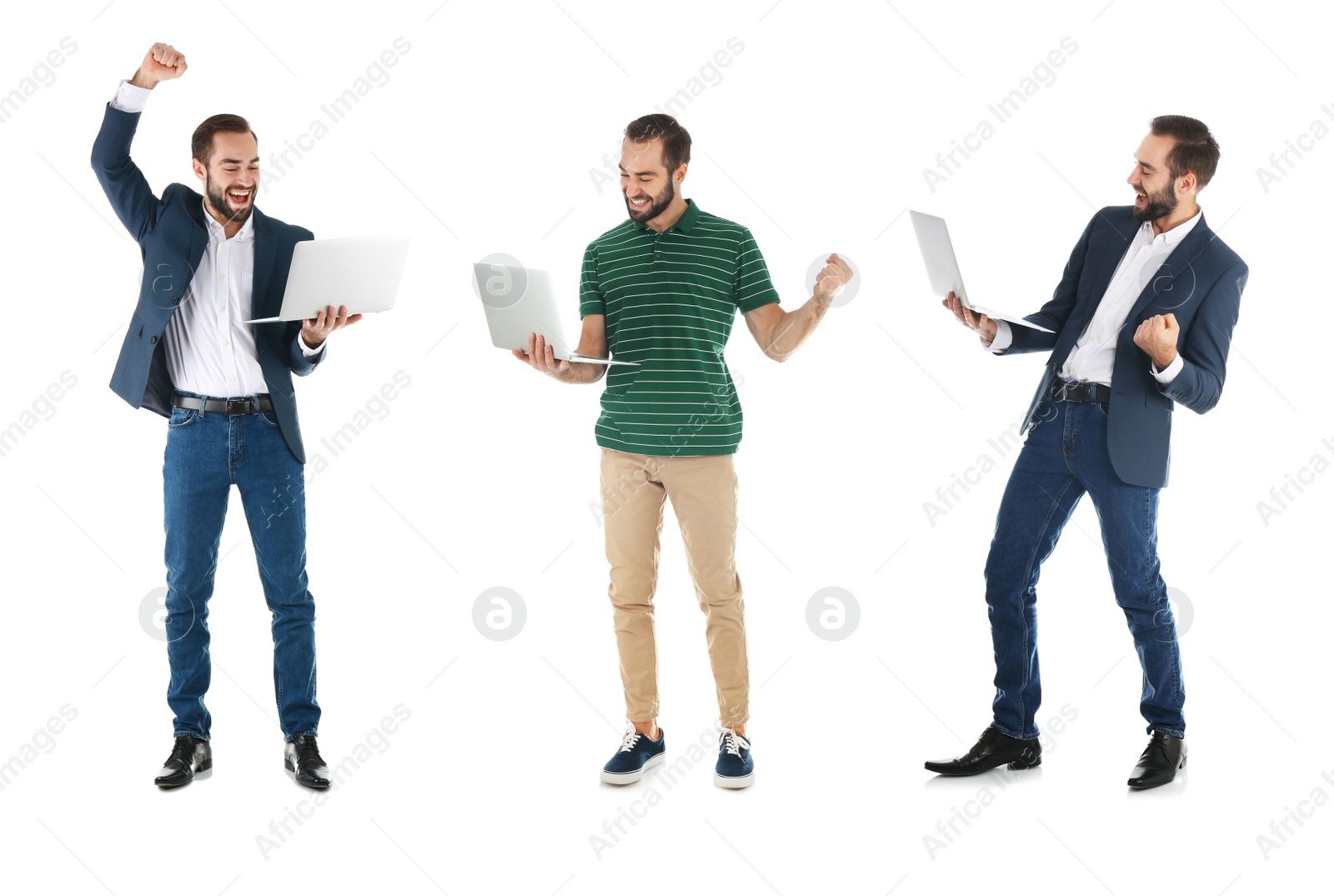 Image of Collage of young men with laptops on white background