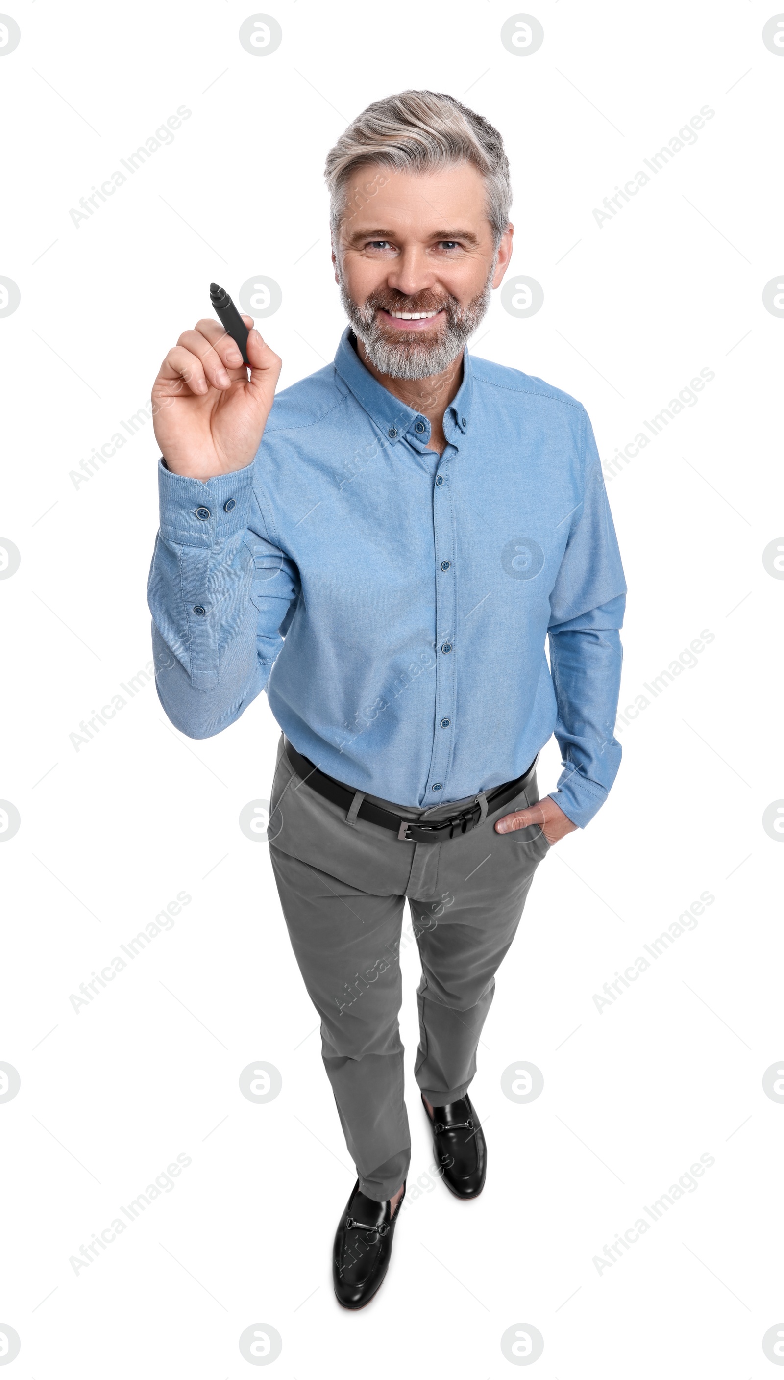 Photo of Mature businessman with marker on white background, above view