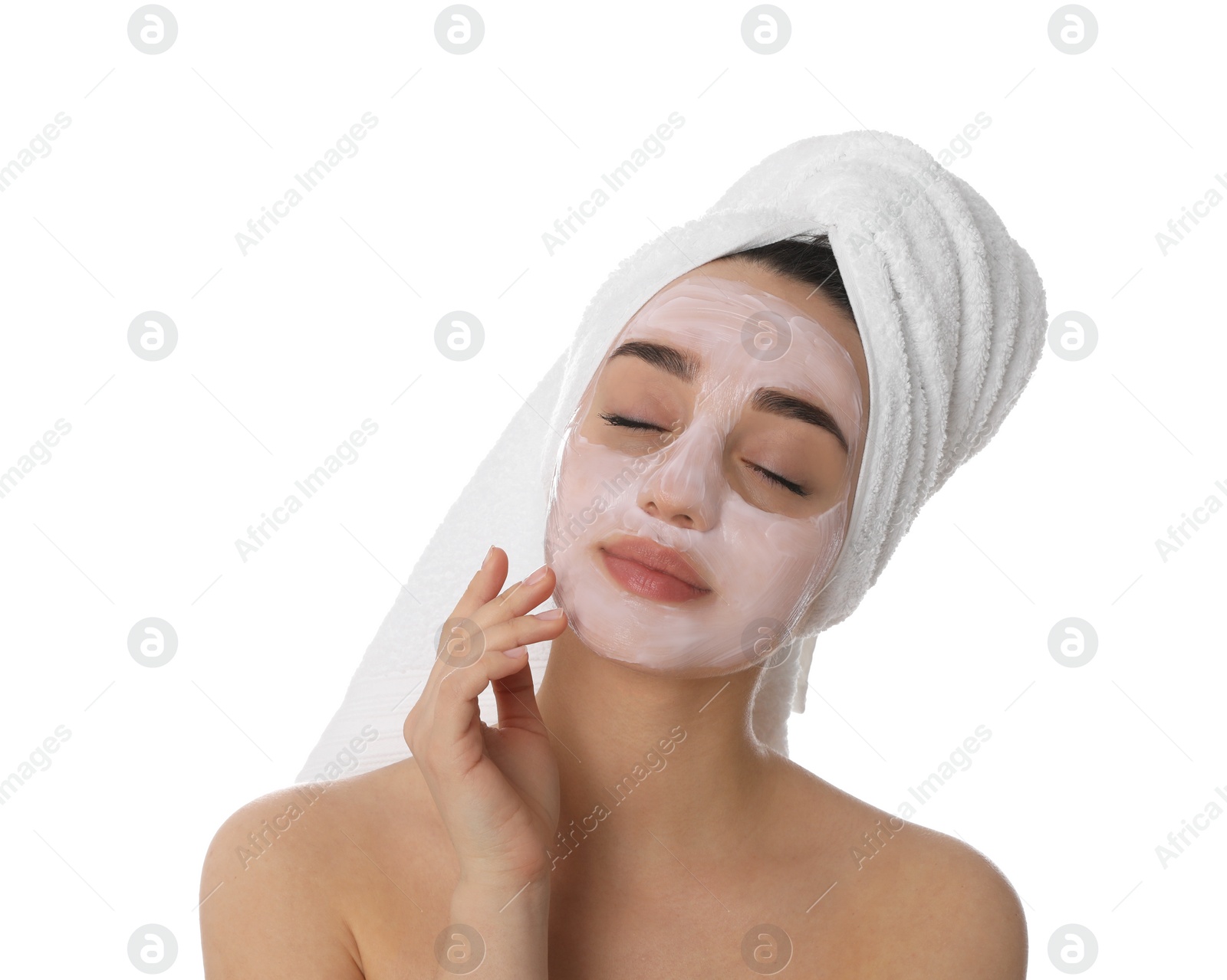 Photo of Woman with pomegranate face mask on white background