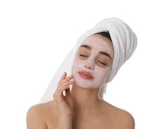 Photo of Woman with pomegranate face mask on white background