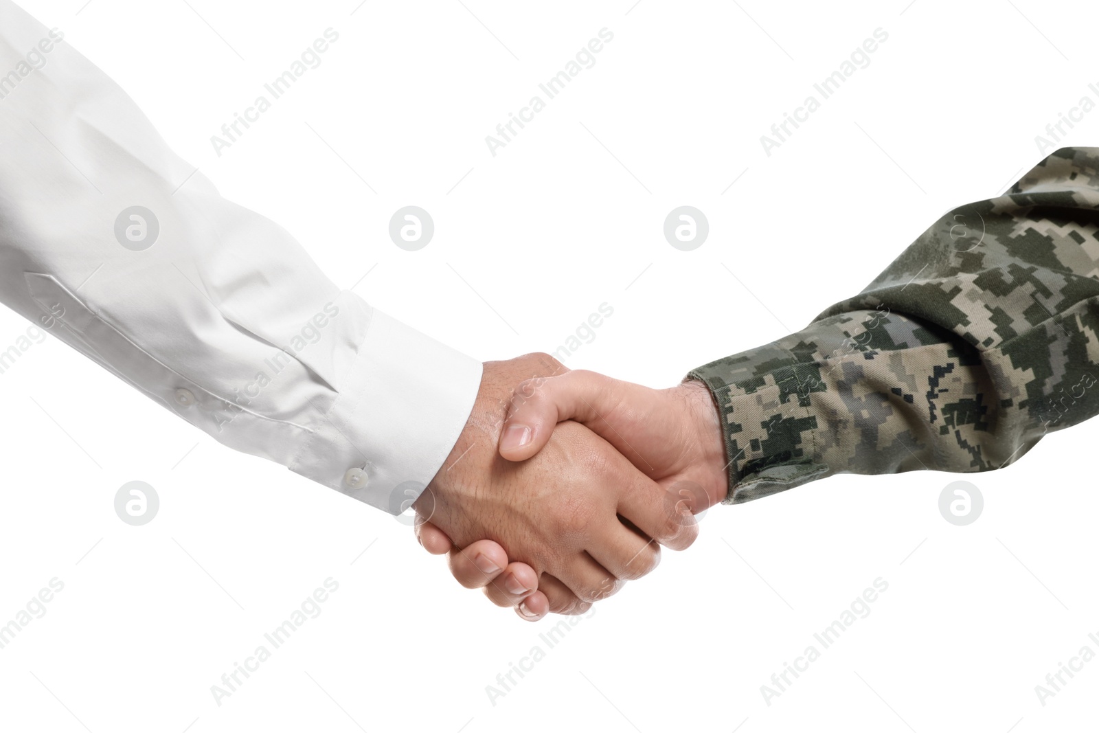 Photo of Soldier and businessman shaking hands against white background, closeup