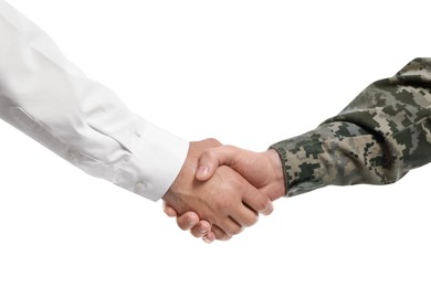Soldier and businessman shaking hands against white background, closeup