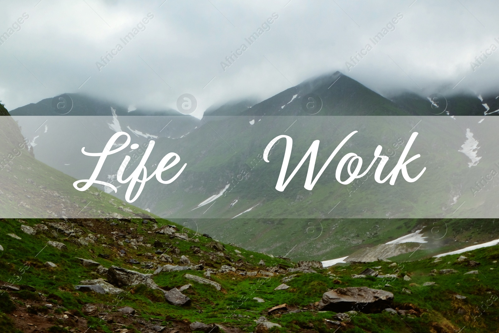 Image of Picturesque view of beautiful foggy mountains. Concept of balance between work and life