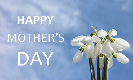 Image of Bouquet of snowdrops and phrase HAPPY MOTHER'S DAY against sky