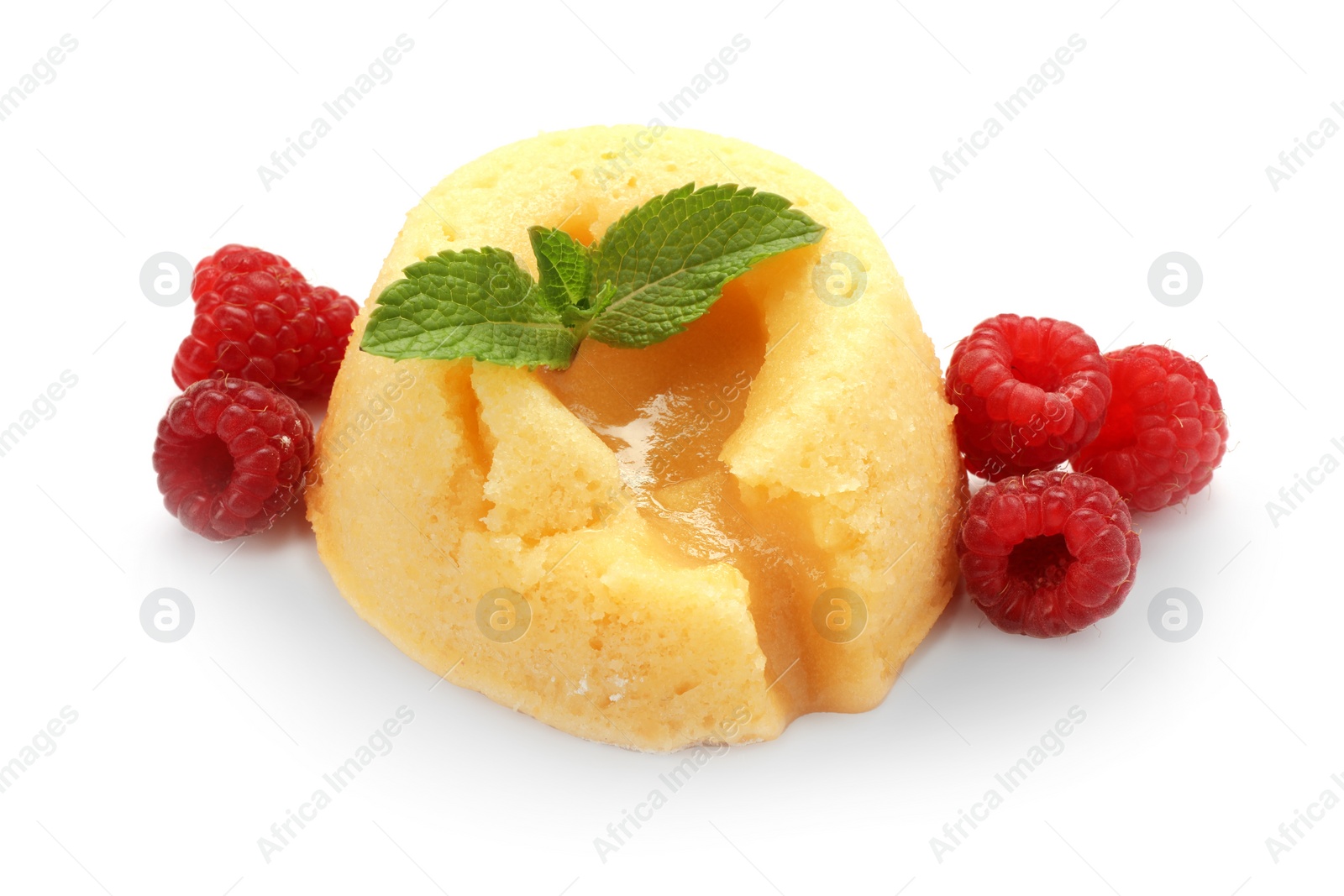 Photo of Tasty vanilla fondant with white chocolate, raspberries and mint isolated on white