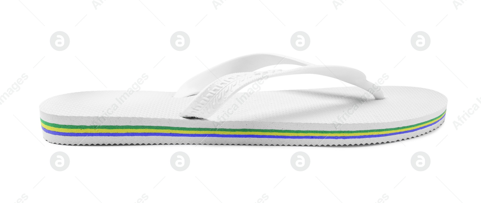 Photo of Single flip flop isolated on white. Beach footwear