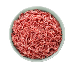 Fresh raw minced meat on white background, top view