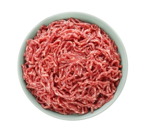 Photo of Fresh raw minced meat on white background, top view