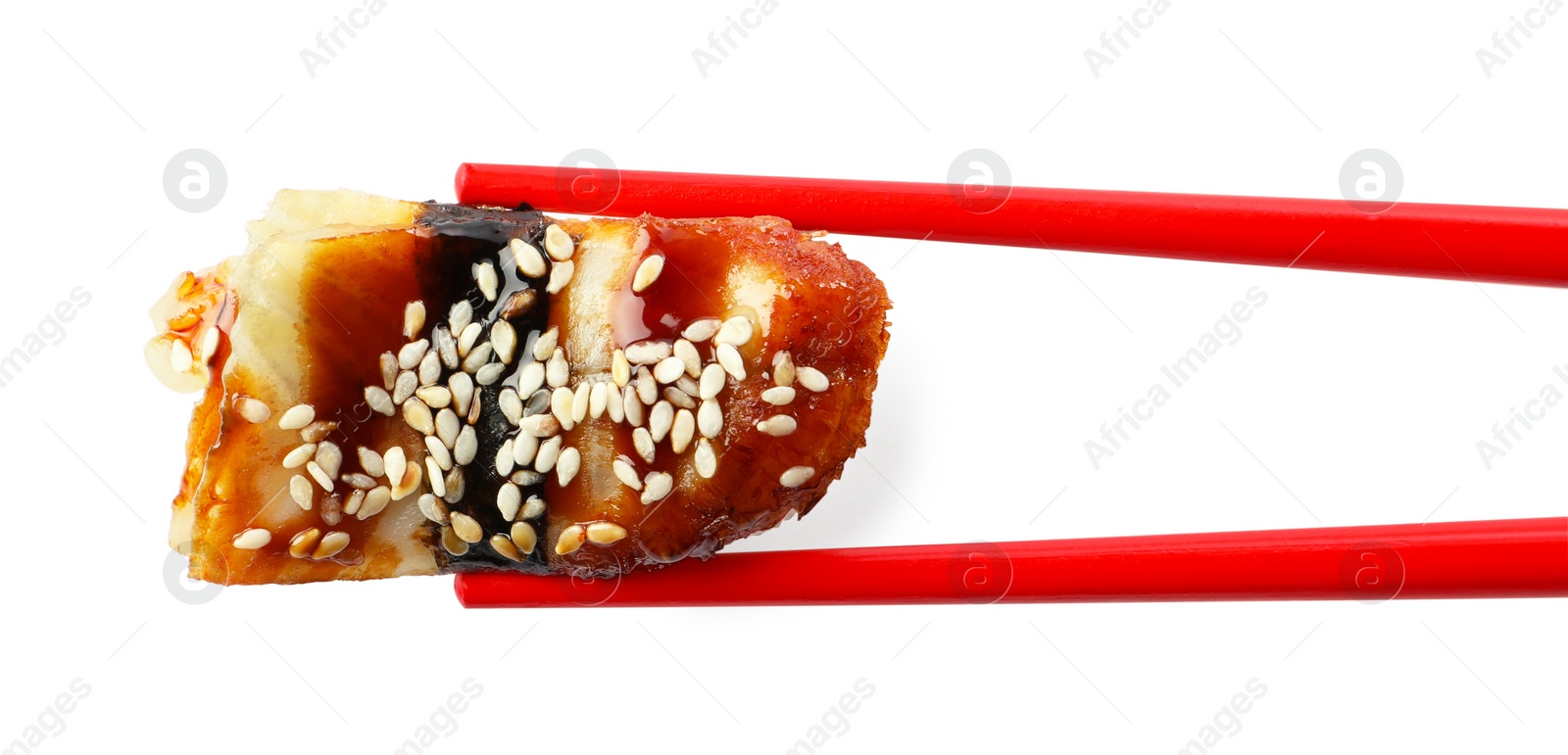 Photo of Chopsticks with delicious nigiri sushi isolated on white, top view