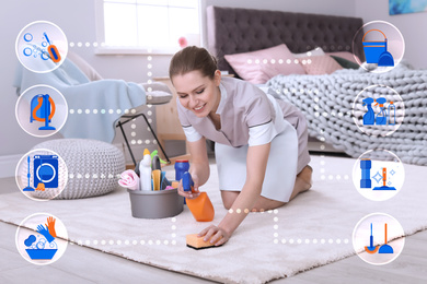 Image of Cleaning service related icons and chambermaid removing dirt from carpet 