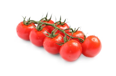 Photo of Branch of fresh cherry tomatoes isolated on white