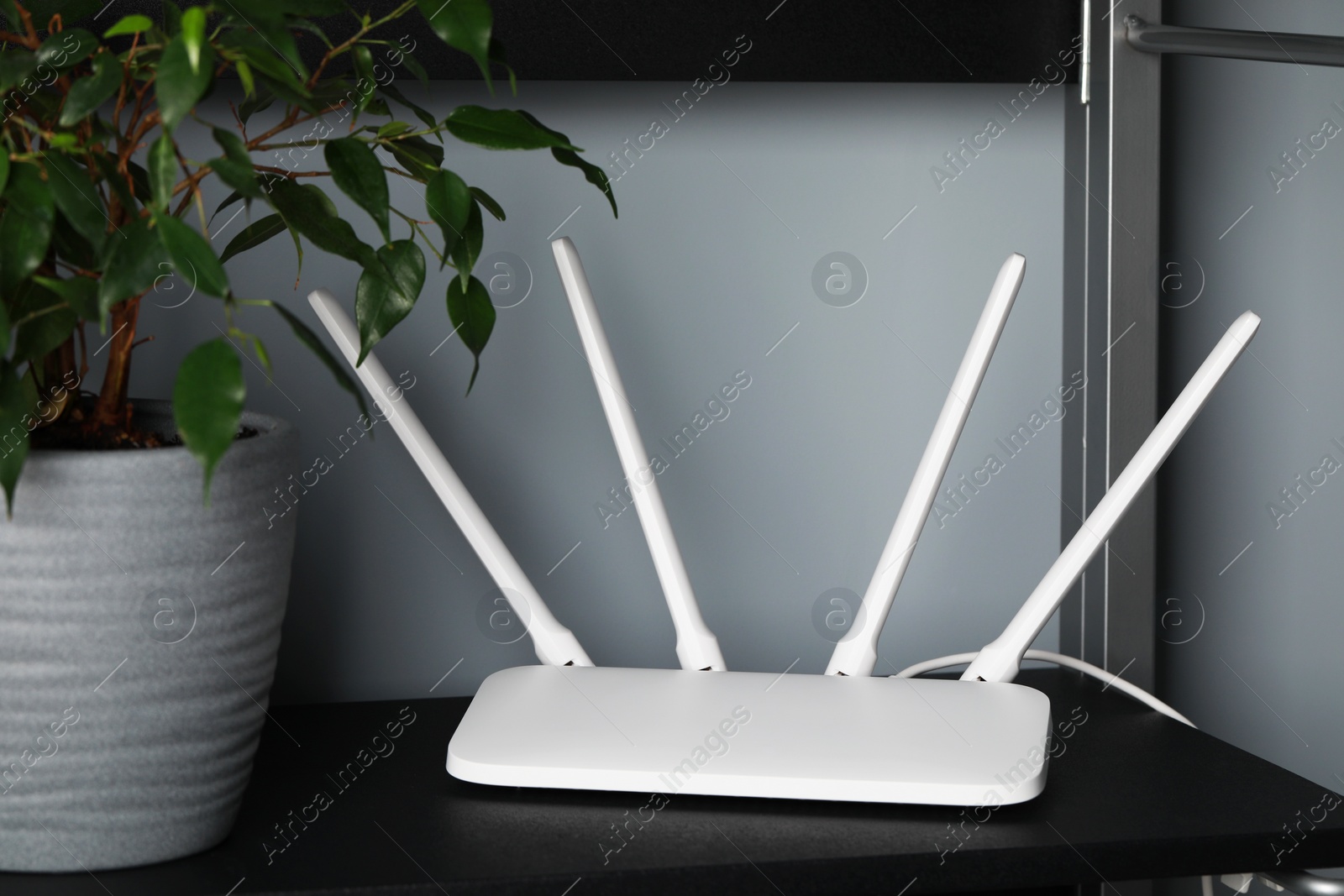 Photo of New white Wi-Fi router near potted plant on black shelf