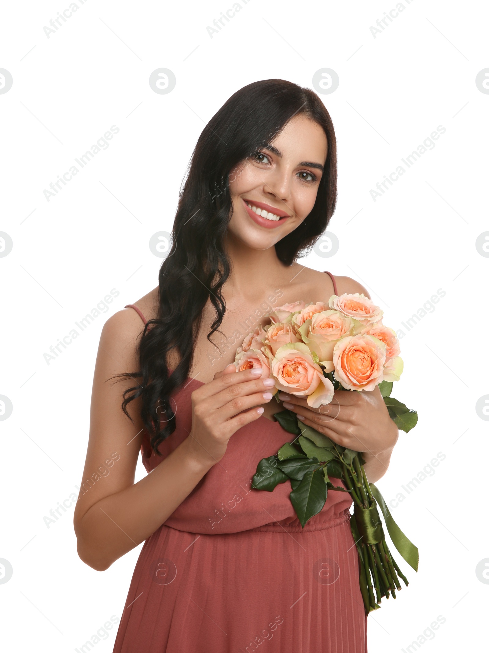 Photo of Portrait of smiling woman with beautiful bouquet on white background