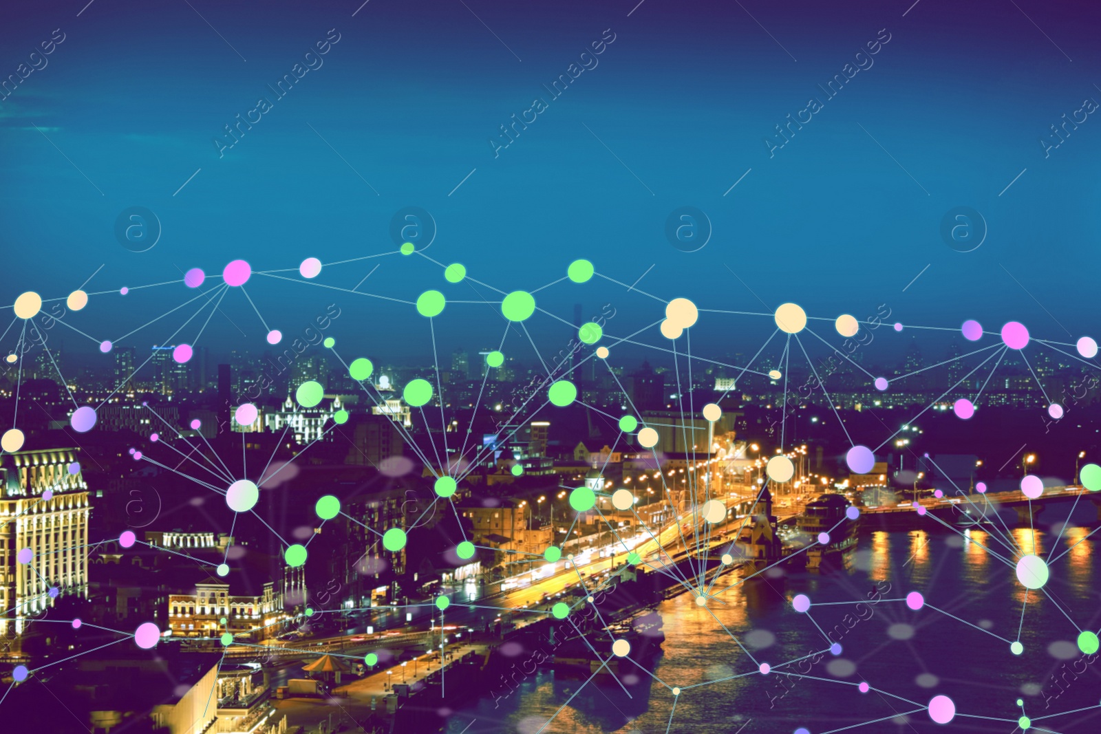 Image of Futuristic communication technology concept. City covered with digital network