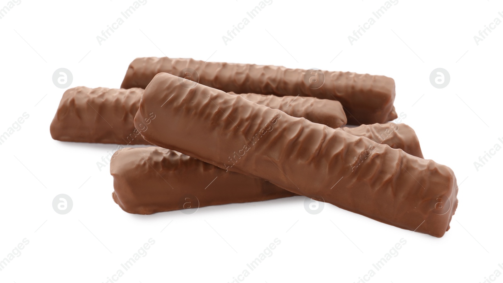 Photo of Sweet tasty chocolate bars on white background