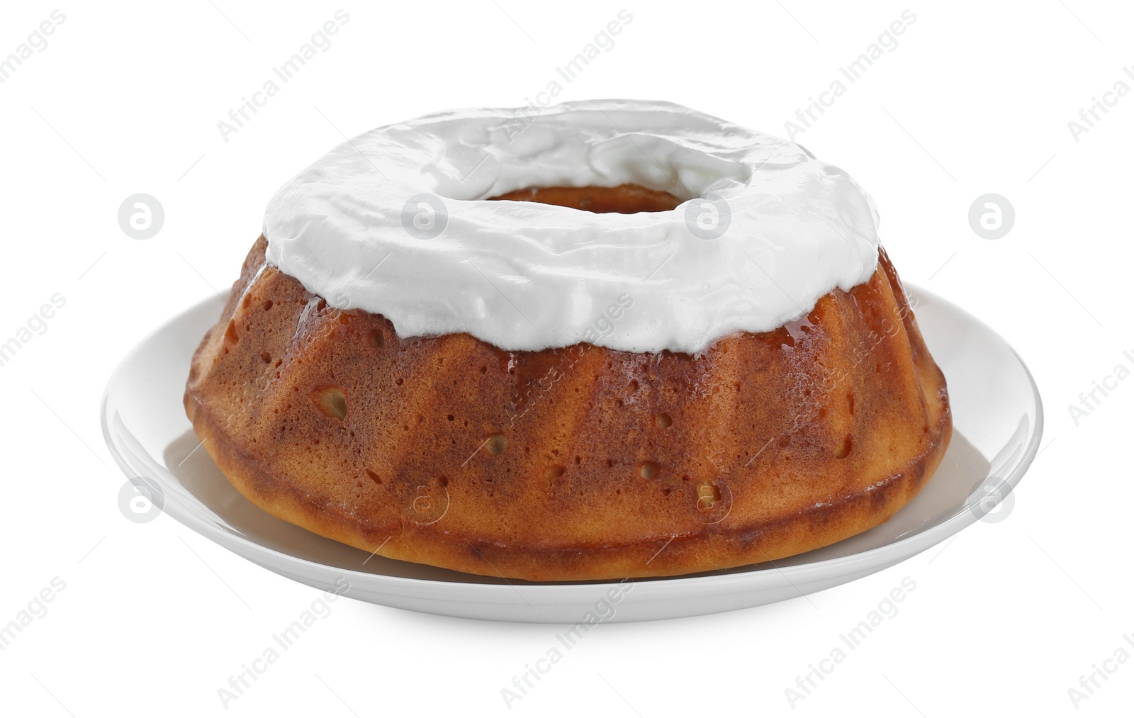 Photo of Homemade yogurt cake with cream on white background