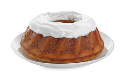 Homemade yogurt cake with cream on white background