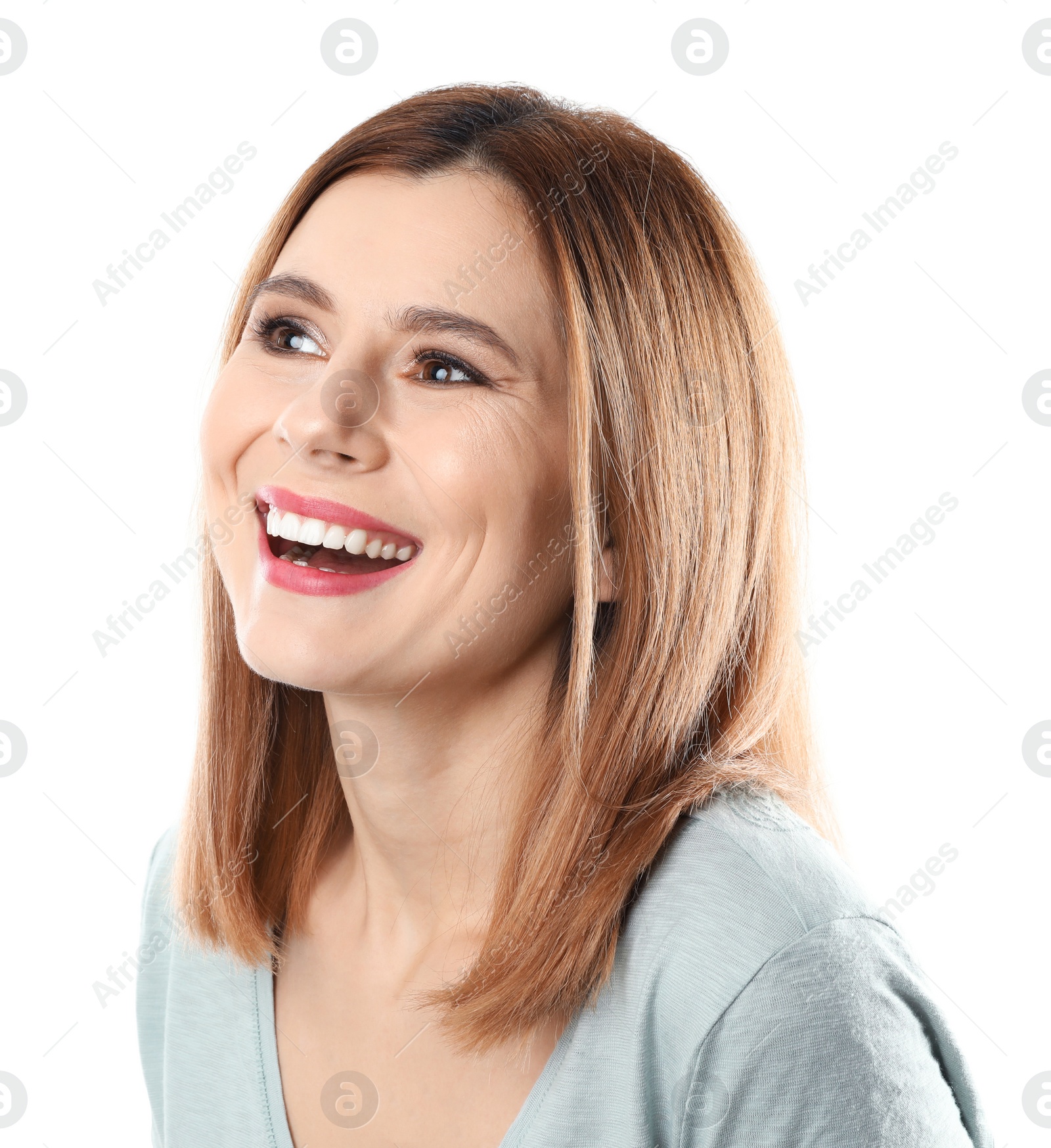 Photo of Smiling woman with perfect teeth on white background