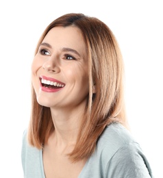 Smiling woman with perfect teeth on white background