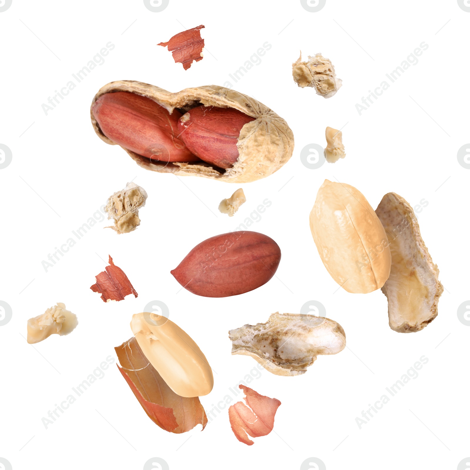 Image of Peanuts and crushed pod in air on white background