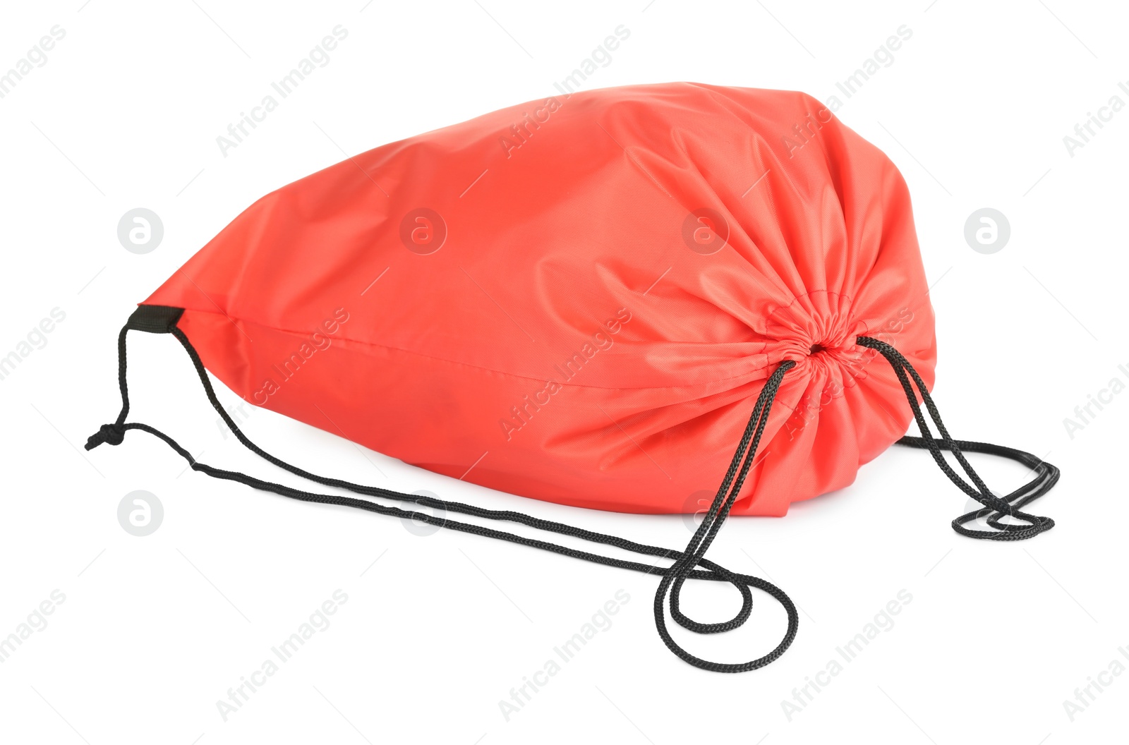 Photo of One red drawstring bag isolated on white