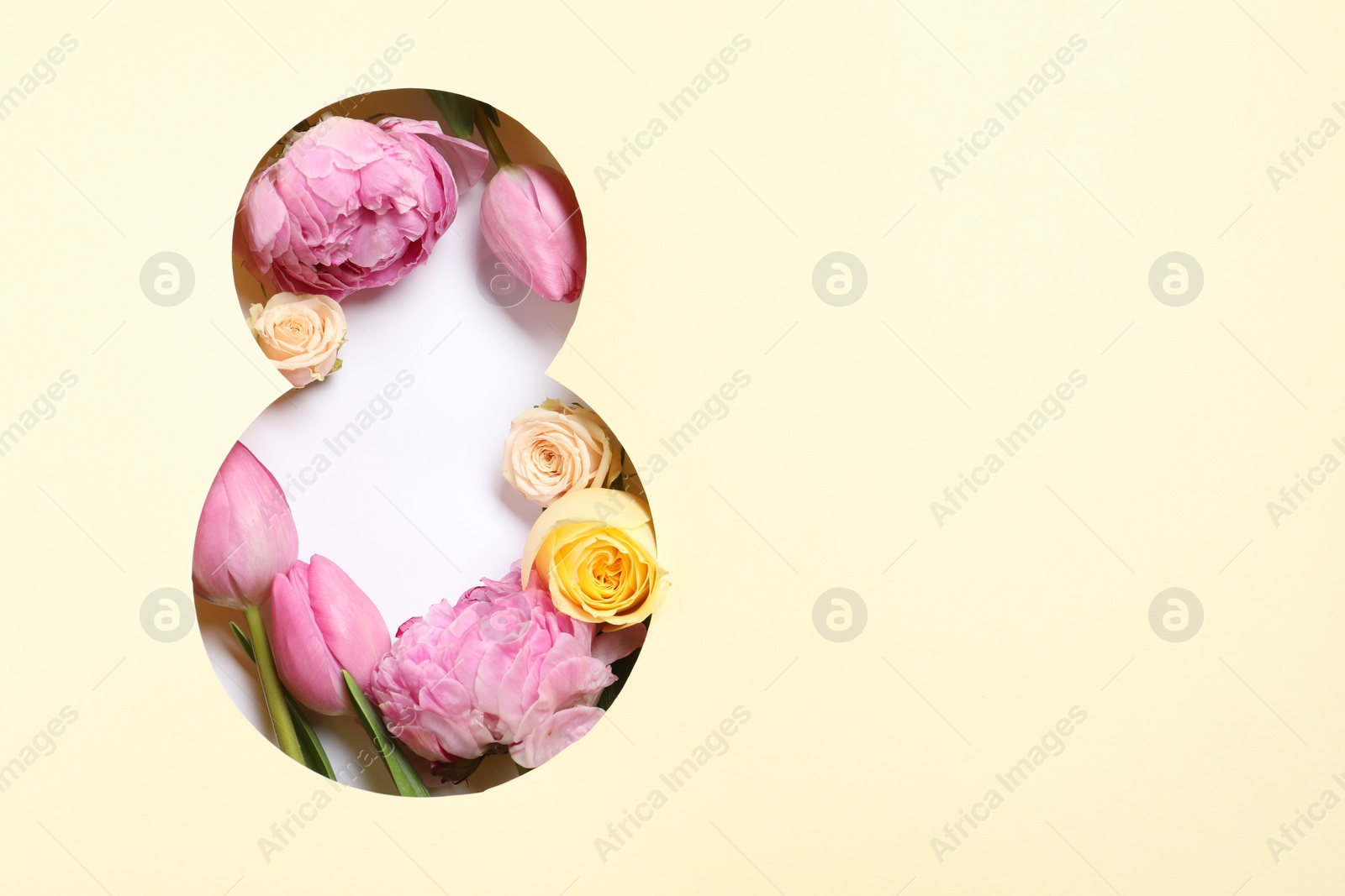 Photo of 8 March greeting card design with flowers, top view. Happy International Women's Day