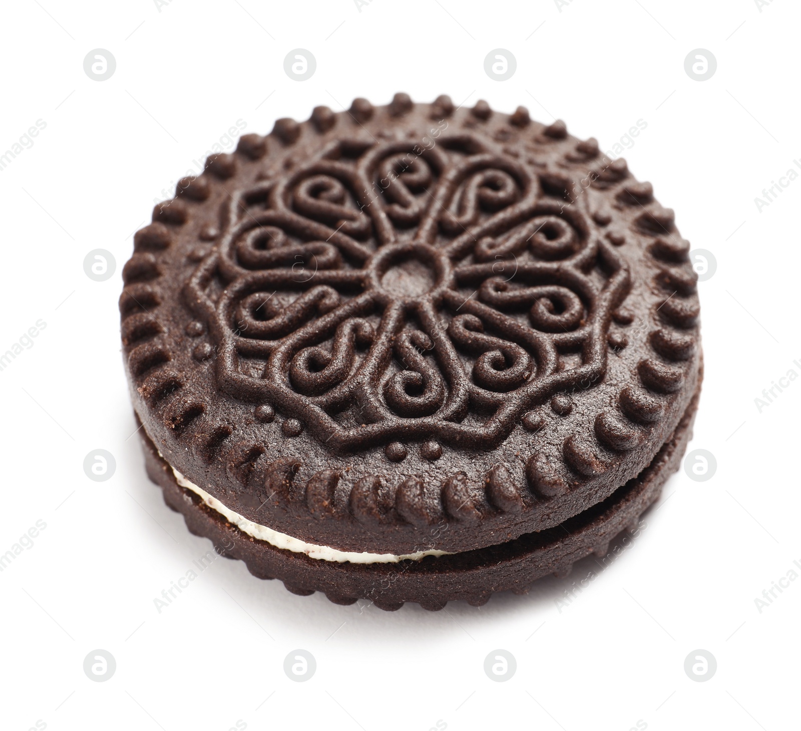 Photo of Tasty chocolate cookie with cream on white background