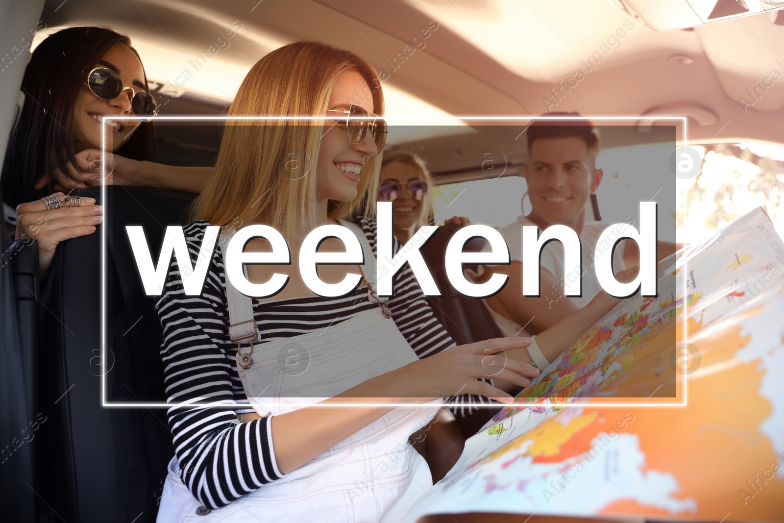 Image of Hello Weekend. Happy friends with map in car on road trip