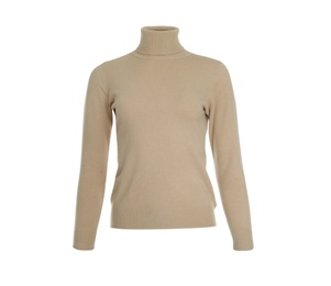 Photo of Warm beige polo neck sweater isolated in white