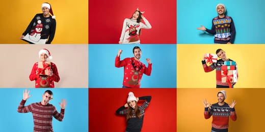 Collage with photos of women and men in different Christmas sweaters on color backgrounds. Banner design 