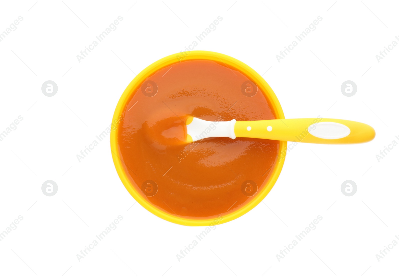 Photo of Healthy baby food in bowl on white background, top view