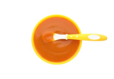 Photo of Healthy baby food in bowl on white background, top view