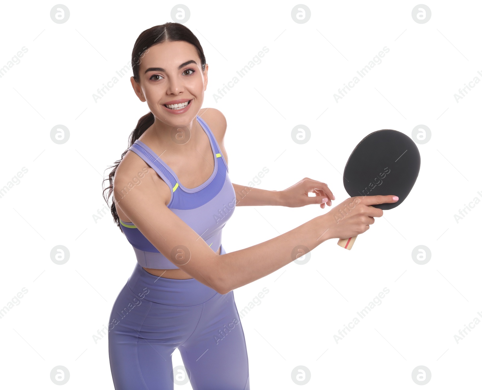 Photo of Beautiful young woman with table tennis racket on white background. Ping pong player