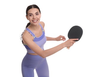 Beautiful young woman with table tennis racket on white background. Ping pong player