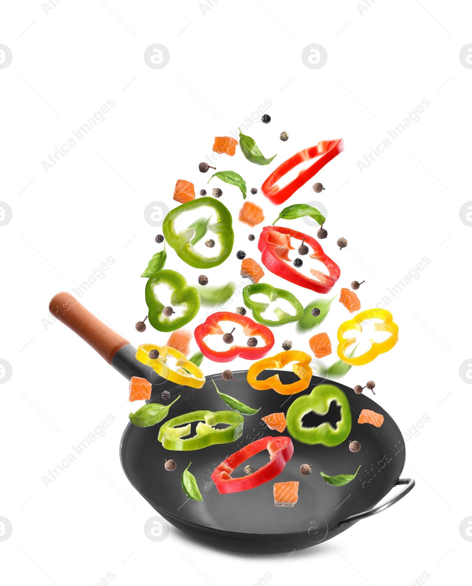 Image of Different tasty ingredients falling into wok on white background