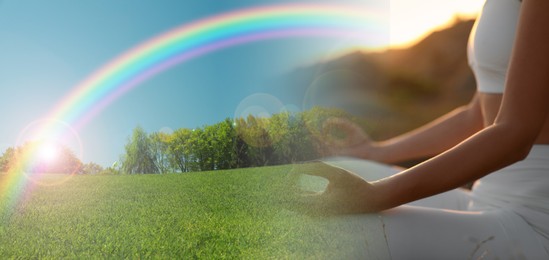 Image of Woman meditating outdoors and bright rainbow over meadow, double exposure. Banner design