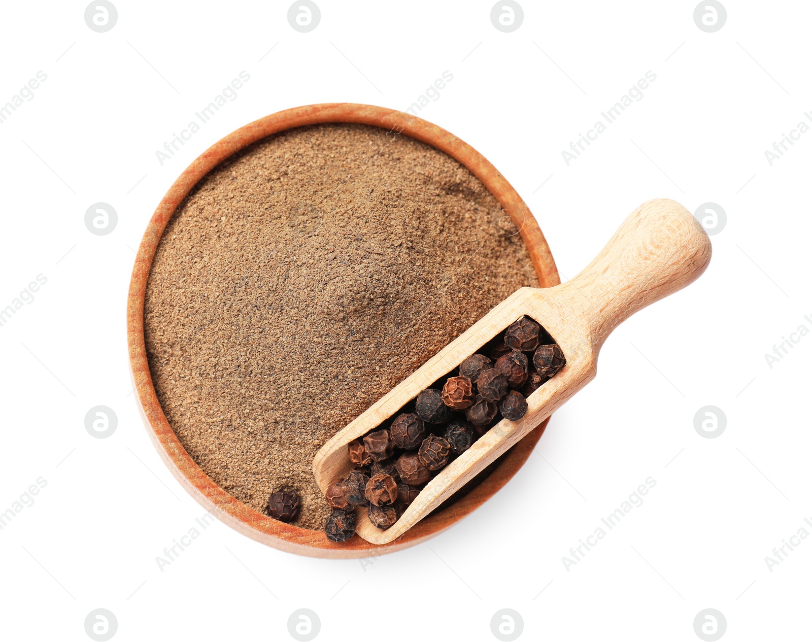 Photo of Aromatic spice. Ground and whole black pepper isolated on white, top view