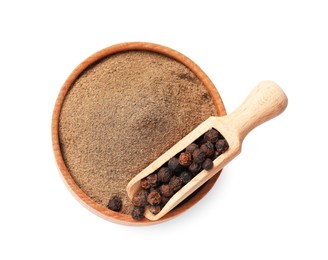 Photo of Aromatic spice. Ground and whole black pepper isolated on white, top view