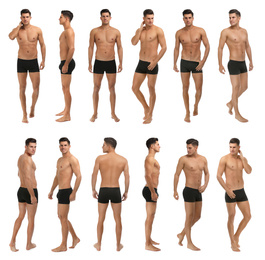 Image of Collage of man in black underwear on white background