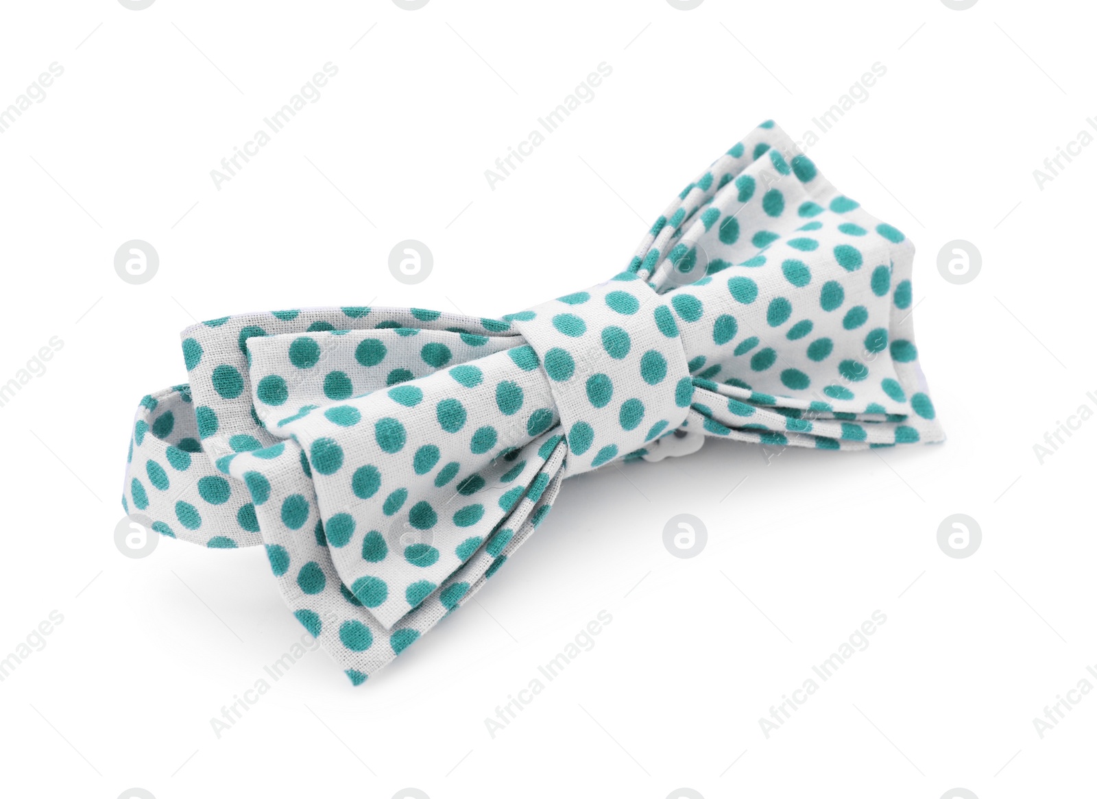 Photo of Stylish bow tie with green polka dot pattern on white background