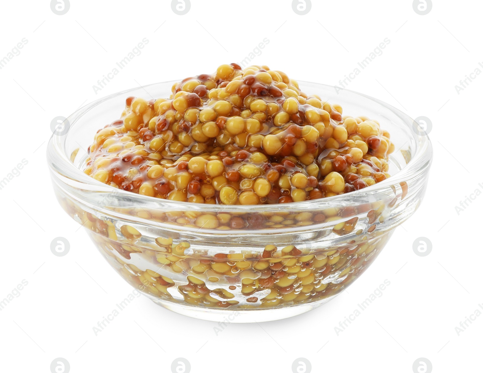 Photo of Fresh whole grain mustard in bowl isolated on white