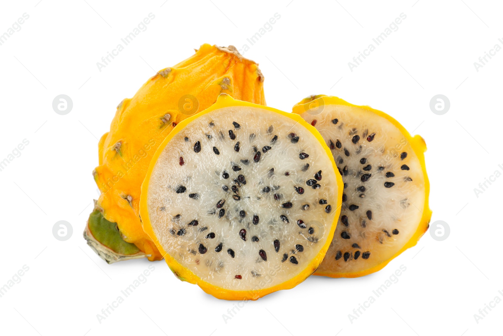 Photo of Delicious cut and whole yellow pitahaya fruits on white background